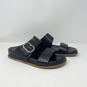 Sofft Aidah Black Leather Double Strap Slide Sandals with Buckle